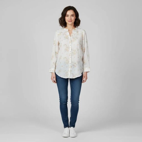 fig and flower Tops - Figs and‎ Flower Women's White Embroidered Floral Long Sleeve Blouse Size Small